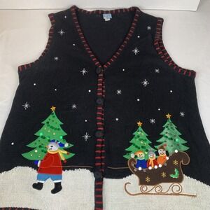 Holiday Editions Ugly Christmas Vest 1X Women's Snowmen Granny Core Black